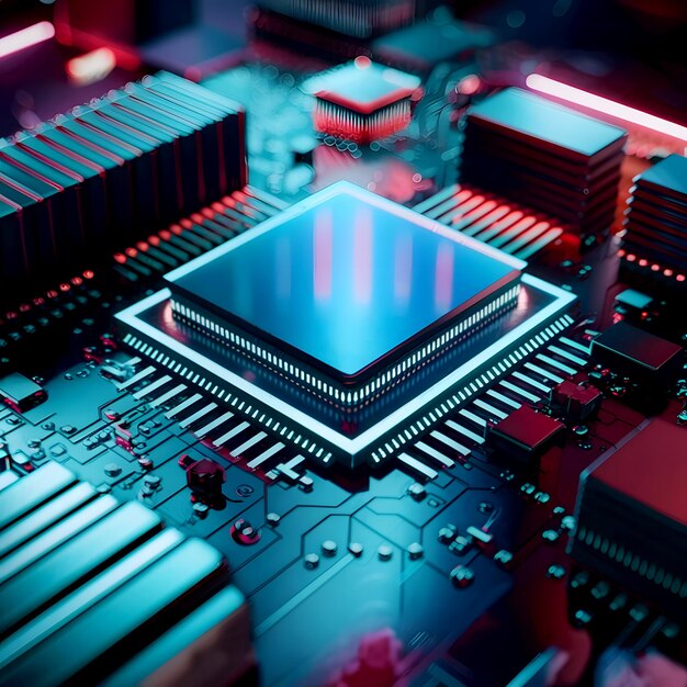 Geïntegreerde microchip schakelbord voor server Centrale computer processor met neonlichten