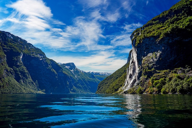 Geiranger fjord, waterfall Seven Sisters. Beautiful Nature Norway natural landscape.