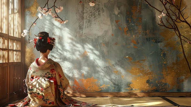 写真 日本風の金色の要素が付いた古い壁の背景にゲイシャ