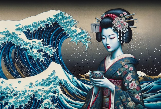 Foto una geisha tra tsunami stilizzati sulle onde del mare e fiori di ciliegio che evocano l'antica arte giapponese