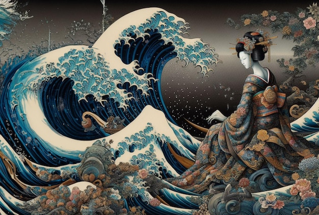 A geisha amidst stylized draw tsunami on sea waves and cherry blossoms evoking ancient japanese art