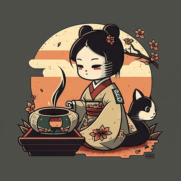 사진 차 의식에서 게이샤 고양이와 사쿠라 아이는 동양 천에서 치비 새끼 고양이를 생성했습니다. 키모노와 전통적인 차병을 입은 아시아 소녀는 나무판에 사쿠라 꽃을 가진 중국 고양이입니다.