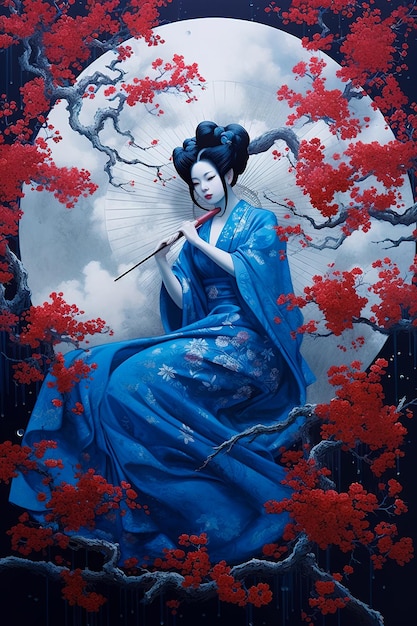 geisha under a blue cherry tree