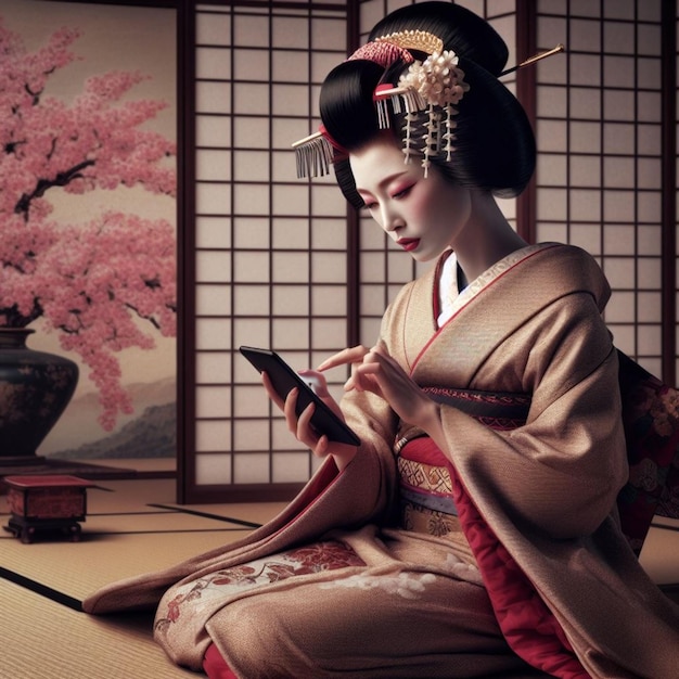 Geisha die op een smartphone typt