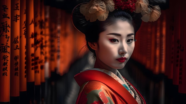 A geisha in front of a red background