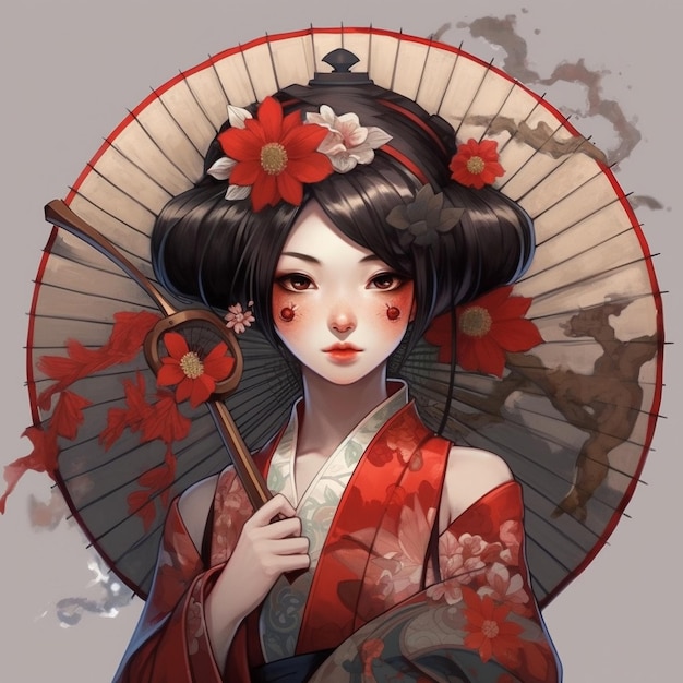 geisha in Japan met kersenboom en paraplu Generatieve ai