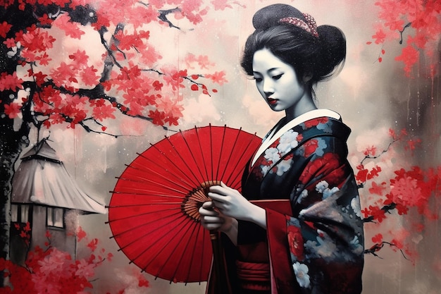 geisha in Japan met kersenboom en paraplu Generatieve ai