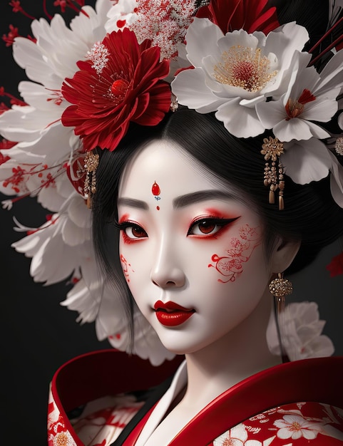 geisha in rode outfit en omgeven door rode en witte bloemen