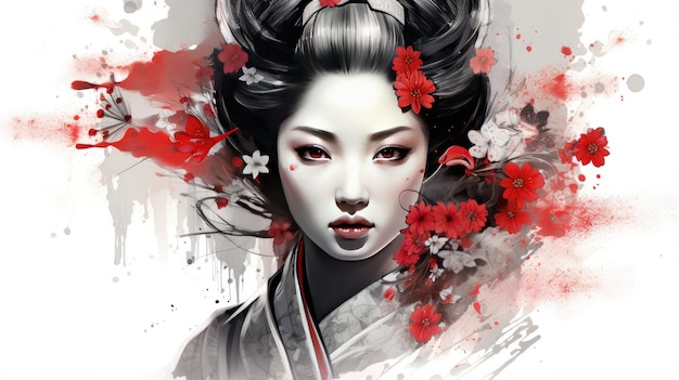 Premium AI Image | Geisha portrait illustration Japanese style white ...