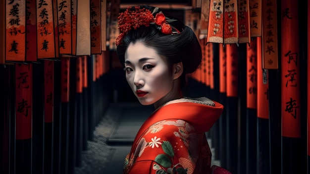 Foto una geisha con un kimono rosso si trova in una fila di cancelli rossi.