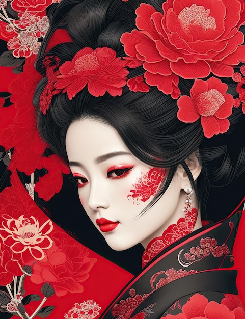 赤い衣装を着て赤い花に囲まれた芸者