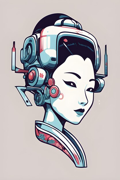 geisha robot head logo 2 perspective from the right side of the head flat style minimal sticker