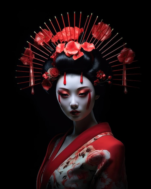 A geisha woman in her twenties made of ivory and red hold Black background