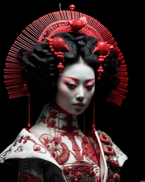 A geisha woman in her twenties made of ivory and red hold Black background