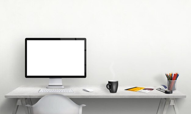 Geïsoleerd computerscherm voor mockup in kantoorinterieur Bureau met toetsenbordmuis kopje koffie