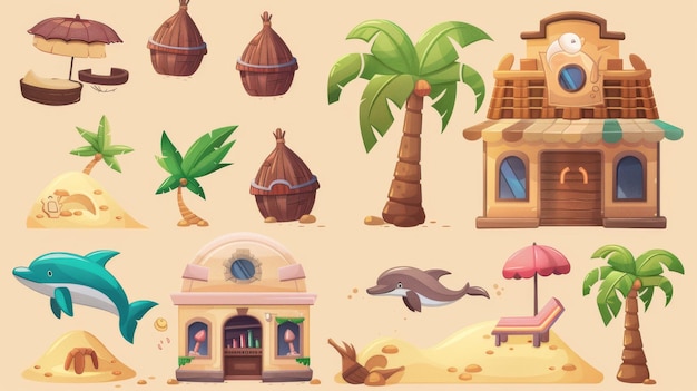 Geïsoleerd op beige achtergrond een set van schattige zomer strand illustraties omvat kokosnoten dolfijnen palmbomen zandheuvels en straat winkel gevels