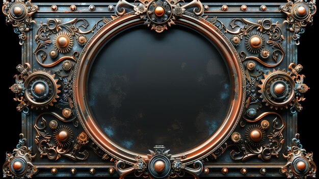 Geïsoleerd op zwarte 3D digitale illustratie een steampunk metalen frame met koperen klokwerk tandwielen