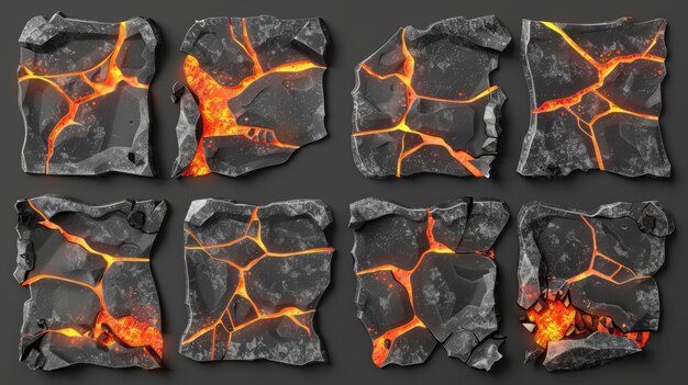 Foto geïsoleerd op zwarte achtergrond lava in grond scheuren top view magma gloed textuur in scheuren gaten realistische 3d moderne set met schade scheur effect na aardbeving ramp