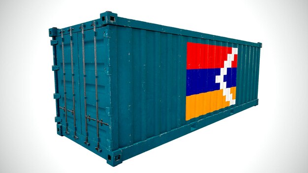 Geïsoleerde 3D-rendering scheepvaart zeevracht container getextureerd met nationale vlag van Artsakh Achtergrond met vlag van Artsakh