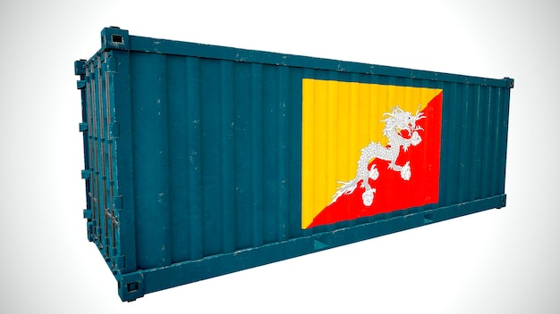 Geïsoleerde 3d-rendering scheepvaart zeevracht container getextureerd met nationale vlag van bhutan