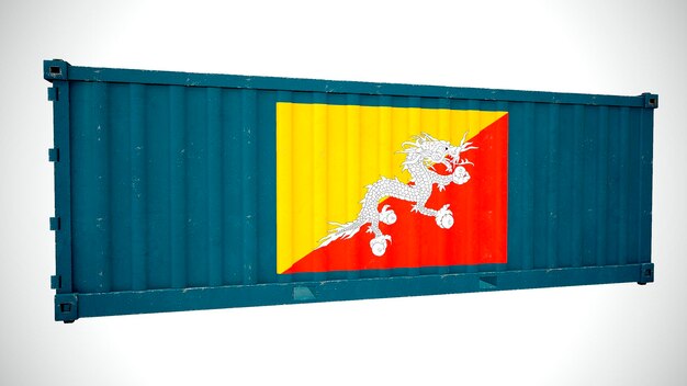 Geïsoleerde 3D-rendering scheepvaart zeevracht container getextureerd met nationale vlag van Bhutan