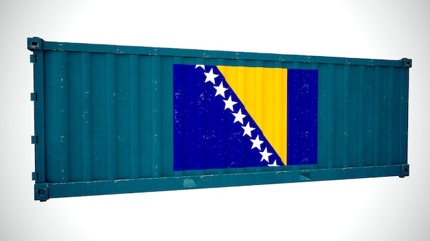 Geïsoleerde 3D-rendering scheepvaart zeevracht container getextureerd met nationale vlag van Bosnië en Herzegovina