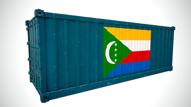 Geïsoleerde 3D-rendering scheepvaart zeevracht container getextureerd met nationale vlag van de Comoren
