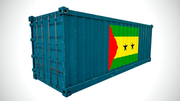 Geïsoleerde 3D-rendering scheepvaart zeevracht container getextureerd met nationale vlag van Sao Tomé en Principe