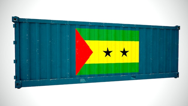 Geïsoleerde 3D-rendering scheepvaart zeevracht container getextureerd met nationale vlag van Sao Tomé en Principe