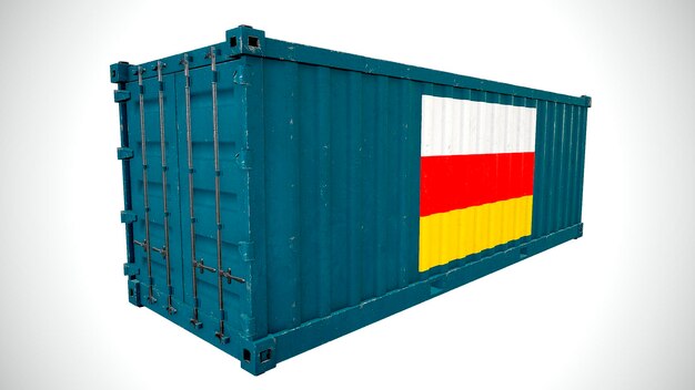 Geïsoleerde 3D-rendering scheepvaart zeevracht container getextureerd met nationale vlag van Zuid-Ossetië