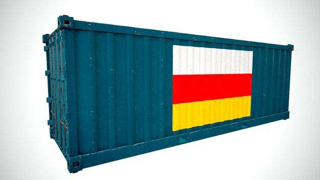 Geïsoleerde 3D-rendering scheepvaart zeevracht container getextureerd met nationale vlag van Zuid-Ossetië