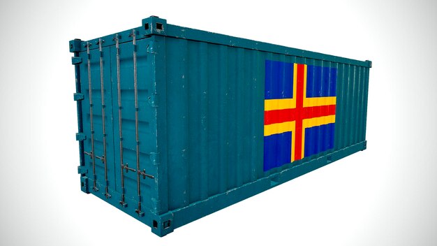 Geïsoleerde 3D-rendering verzending zeevracht container getextureerd met nationale vlag van Aland Islands