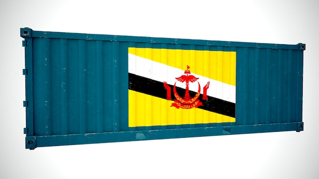 Geïsoleerde 3D-rendering verzending zeevracht container getextureerd met nationale vlag van Brunei