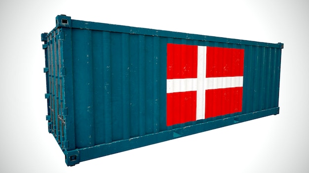 Geïsoleerde 3D-rendering verzending zeevracht container getextureerd met nationale vlag van Denemarken