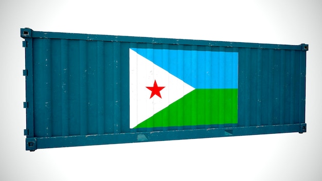 Geïsoleerde 3d-rendering verzending zeevracht container getextureerd met nationale vlag van djibouti