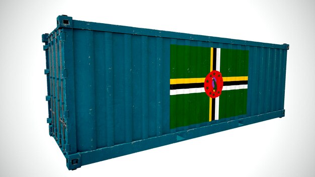 Geïsoleerde 3D-rendering verzending zeevracht container getextureerd met nationale vlag van Dominica