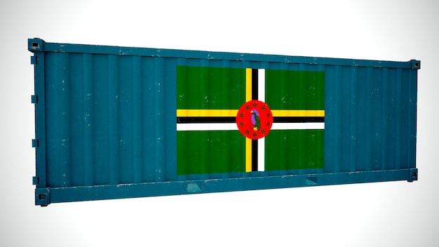 Geïsoleerde 3D-rendering verzending zeevracht container getextureerd met nationale vlag van Dominica