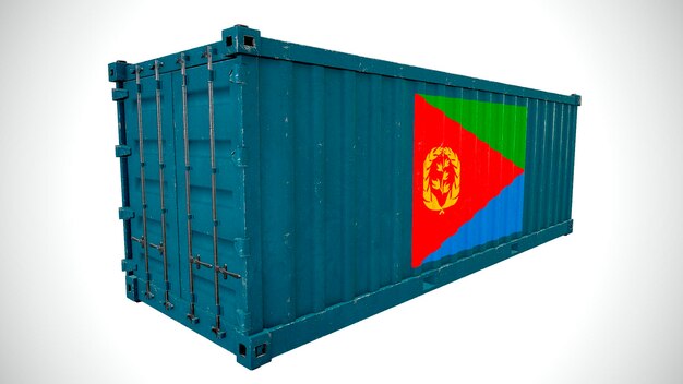 Geïsoleerde 3d-rendering verzending zeevracht container getextureerd met nationale vlag van eritrea
