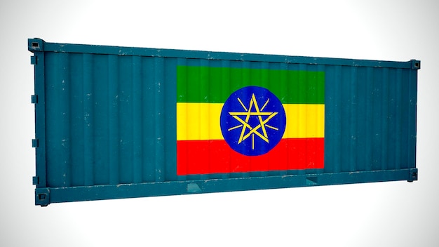 Geïsoleerde 3D-rendering verzending zeevracht container getextureerd met nationale vlag van Ethiopië