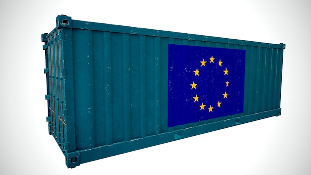 Geïsoleerde 3D-rendering verzending zeevracht container getextureerd met nationale vlag van Europa