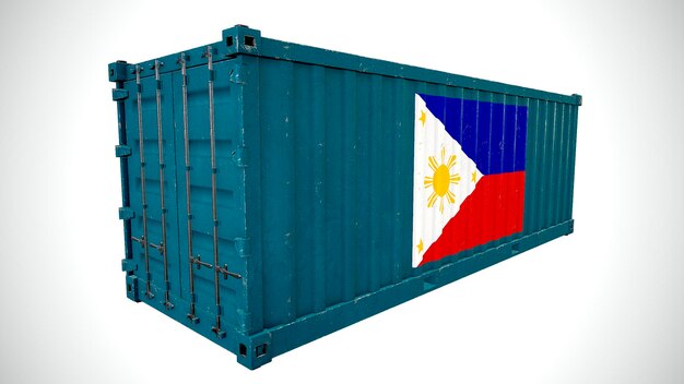 Geïsoleerde 3D-rendering verzending zeevracht container getextureerd met nationale vlag van Filipijnen