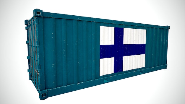 Geïsoleerde 3D-rendering verzending zeevracht container getextureerd met nationale vlag van Finland