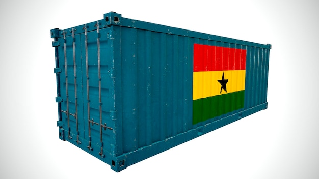 Geïsoleerde 3D-rendering verzending zeevracht container getextureerd met nationale vlag van Ghana