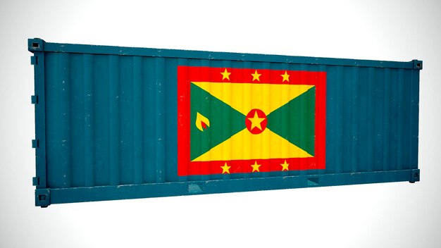 Geïsoleerde 3D-rendering verzending zeevracht container getextureerd met nationale vlag van Grenada