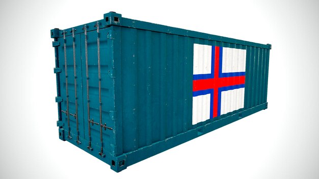 Geïsoleerde 3D-rendering verzending zeevracht container getextureerd met nationale vlag van hij Faeröer