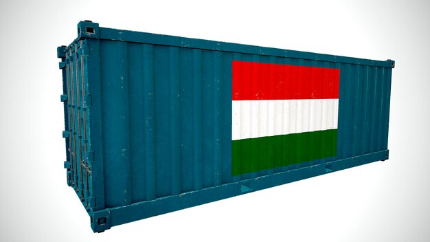 Geïsoleerde 3D-rendering verzending zeevracht container getextureerd met nationale vlag van Hongarije