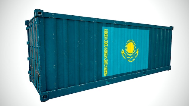 Geïsoleerde 3D-rendering verzending zeevracht container getextureerd met nationale vlag van Kazachstan