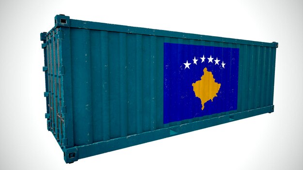 Geïsoleerde 3D-rendering verzending zeevracht container getextureerd met nationale vlag van Kosovo