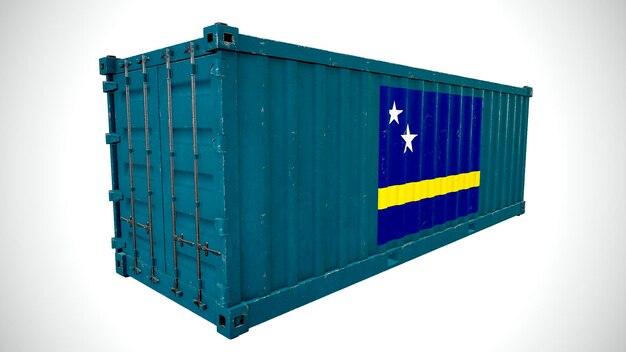 Geïsoleerde 3D-rendering verzending zeevracht container getextureerd met nationale vlag van Kuracao
