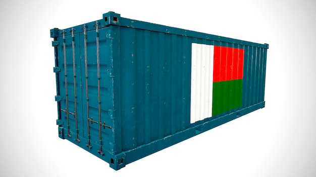 Geïsoleerde 3D-rendering verzending zeevracht container getextureerd met nationale vlag van Madagascar